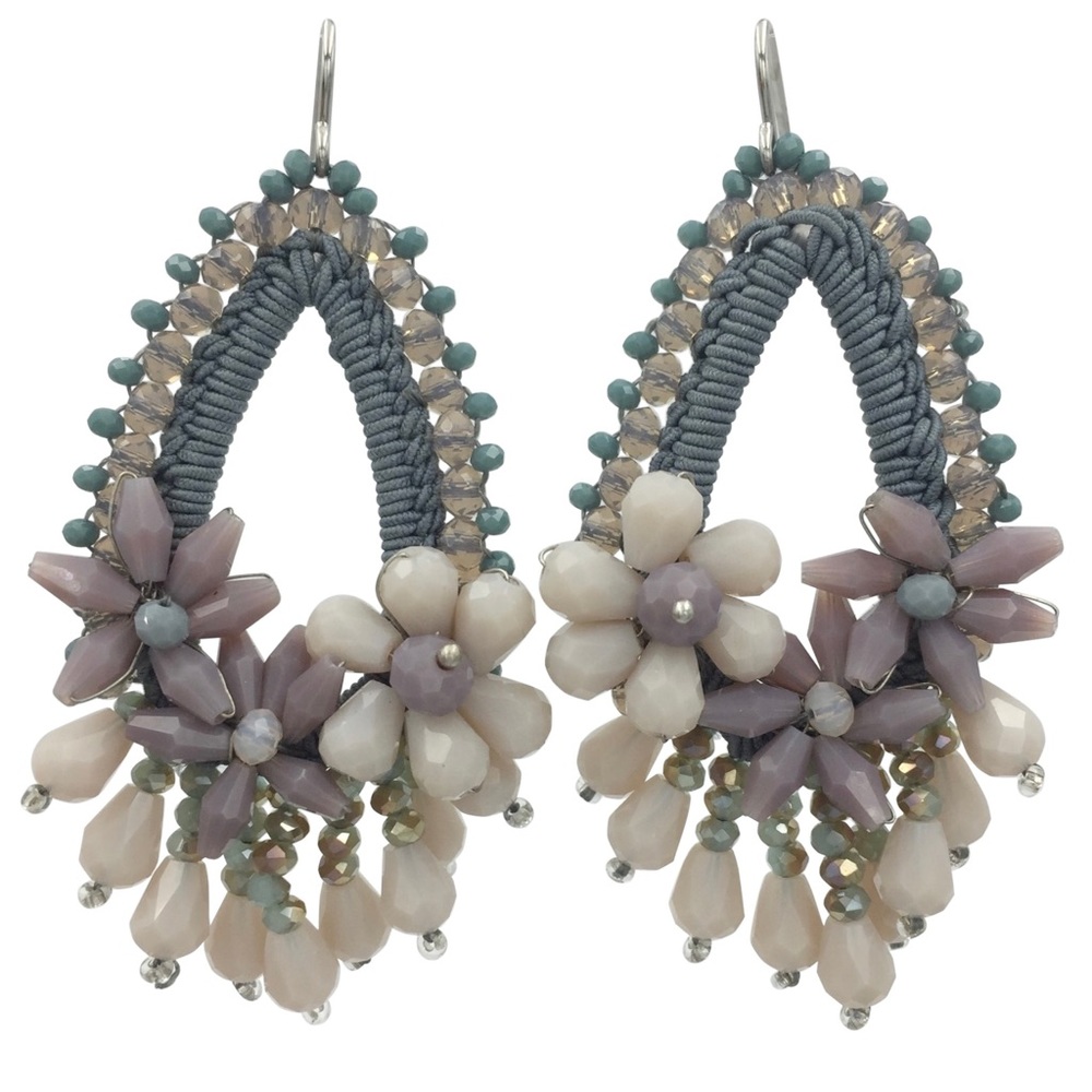 Handmade Grey Lavender Glass Beaded Teardrop Flower Dangle Earrings